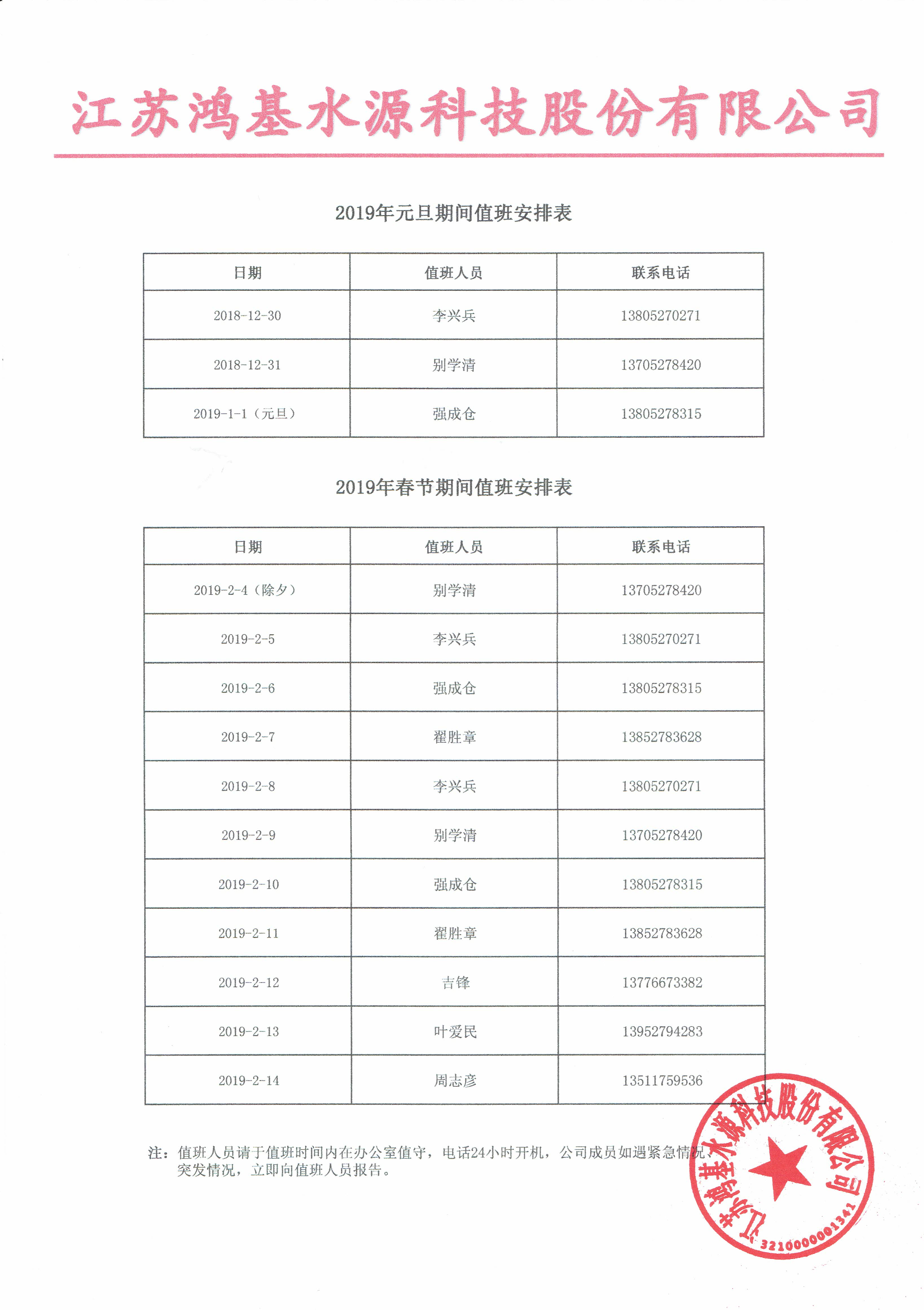 2019年元旦、春节期间值班表